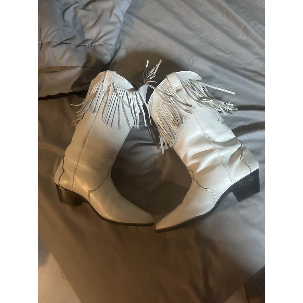 Oak Tree Farms White Leather Fringe Cowboy Boots Size 8 Ibiza Western Cowgirl